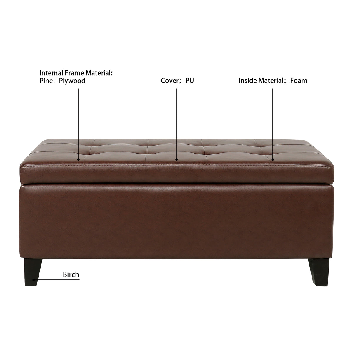 Storage Ottoman with Wooden Legs, Faux Leather Ottoman with Storage for Living Room, Bedroom & Hallway, Ottoman Foot Rest, 38.4' Brown Ottoman W68053162-djyc