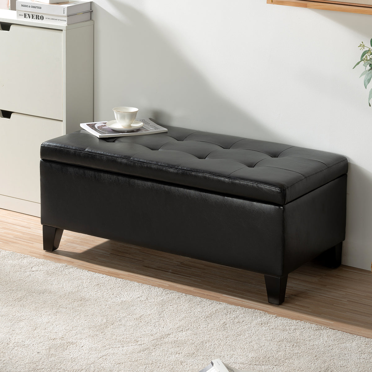 Storage Ottoman with Wooden Legs, Faux Leather Ottoman with Storage for Living Room, Bedroom & Hallway, Ottoman Foot Rest, 38.4' Black Ottoman W68053161-djyc