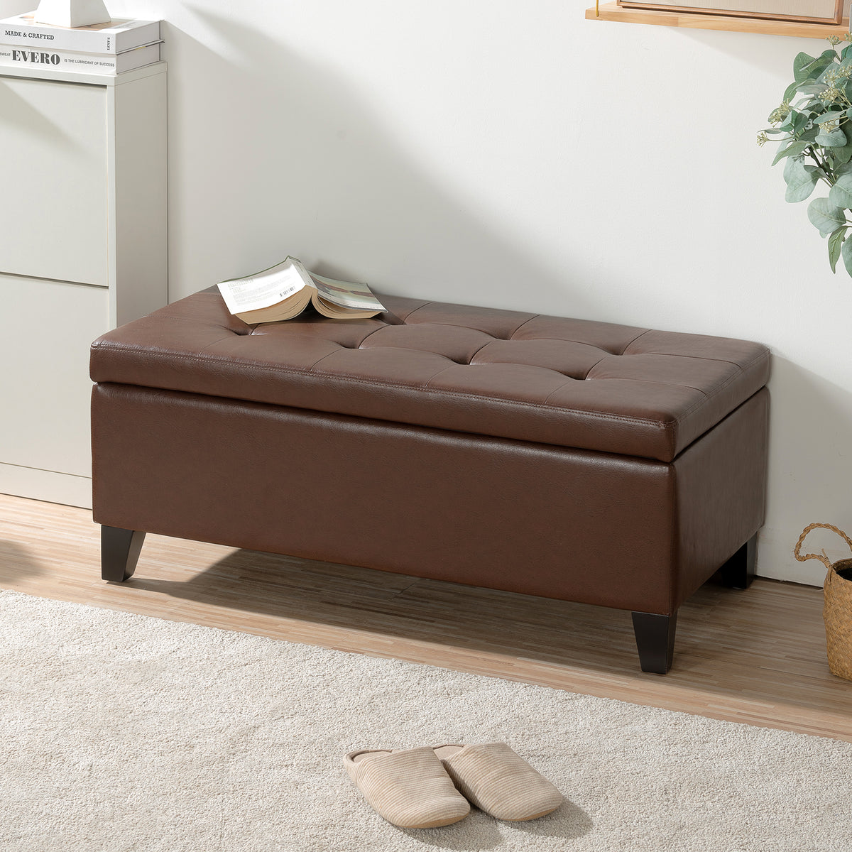 Storage Ottoman with Wooden Legs, Faux Leather Ottoman with Storage for Living Room, Bedroom & Hallway, Ottoman Foot Rest, 38.4' Brown Ottoman W68053162-djyc