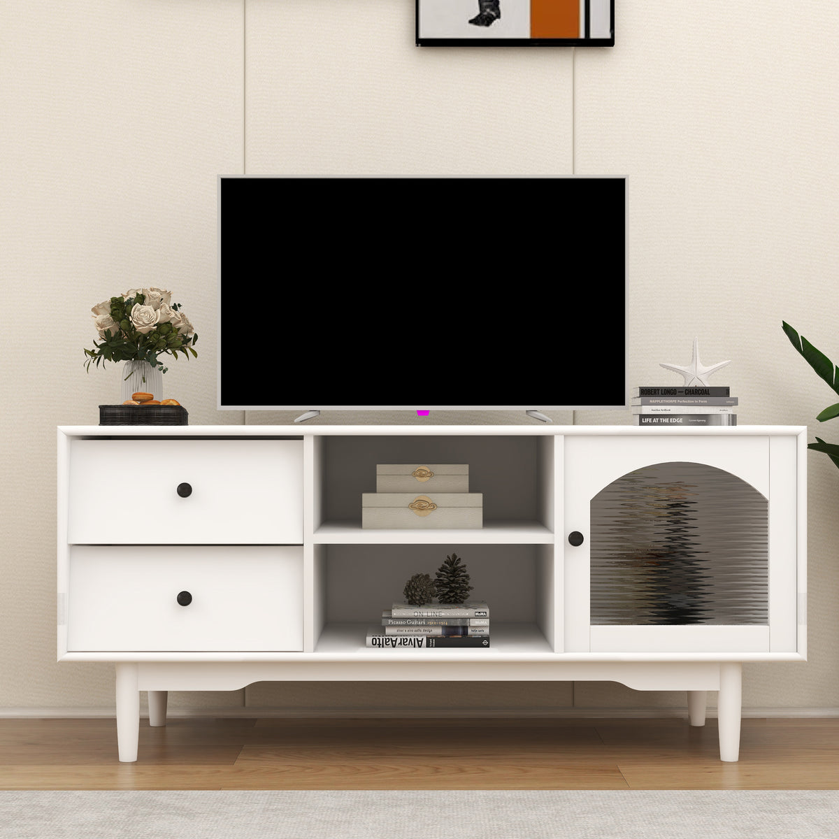 Living Room White TV Stand with Drawers and Open Shelves, A Cabinet with Glass Doors for Storage W28265031-djyc