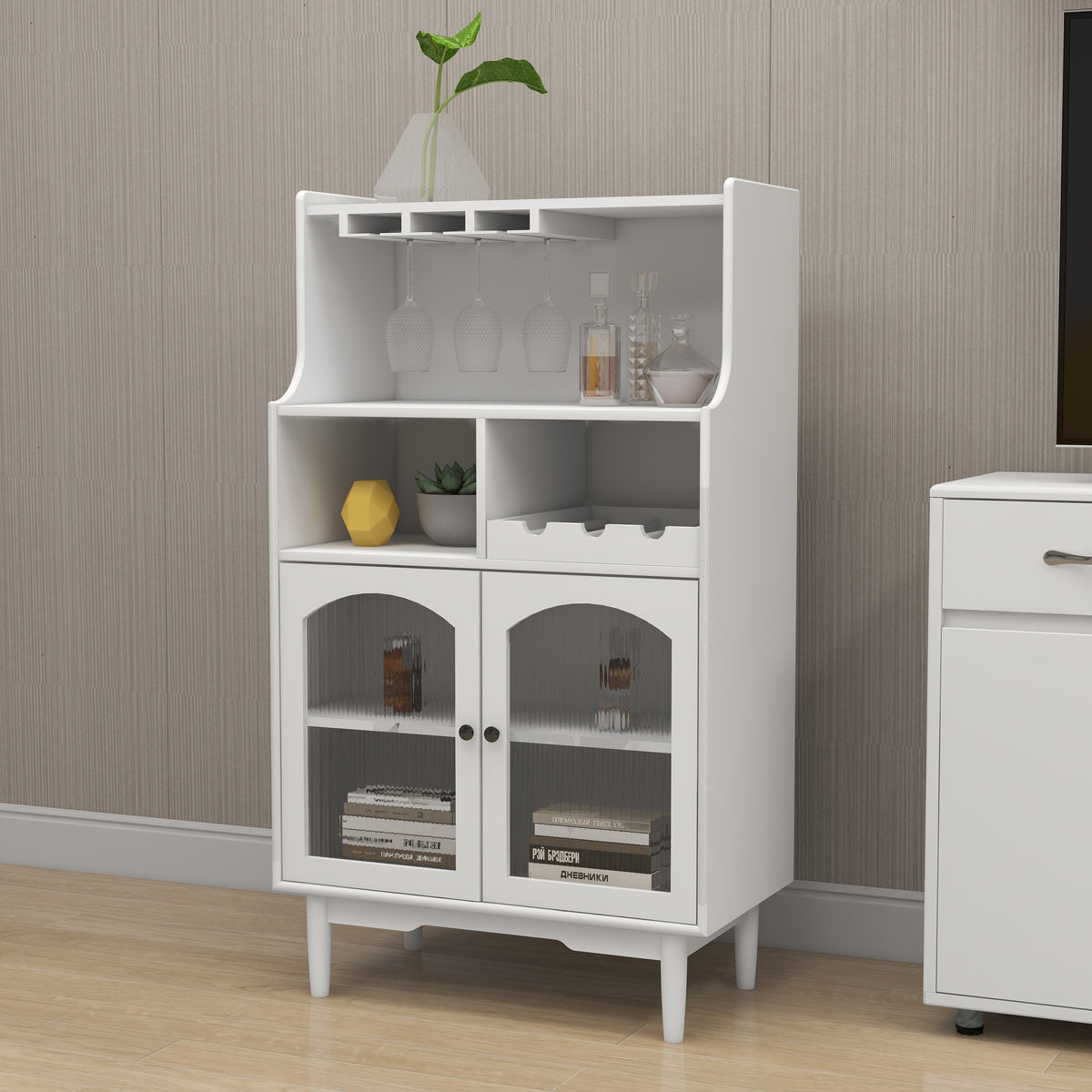 Living room White wine cabinet with removable wine rack and wine glass rack, a glass door cabinet W28265029-djyc