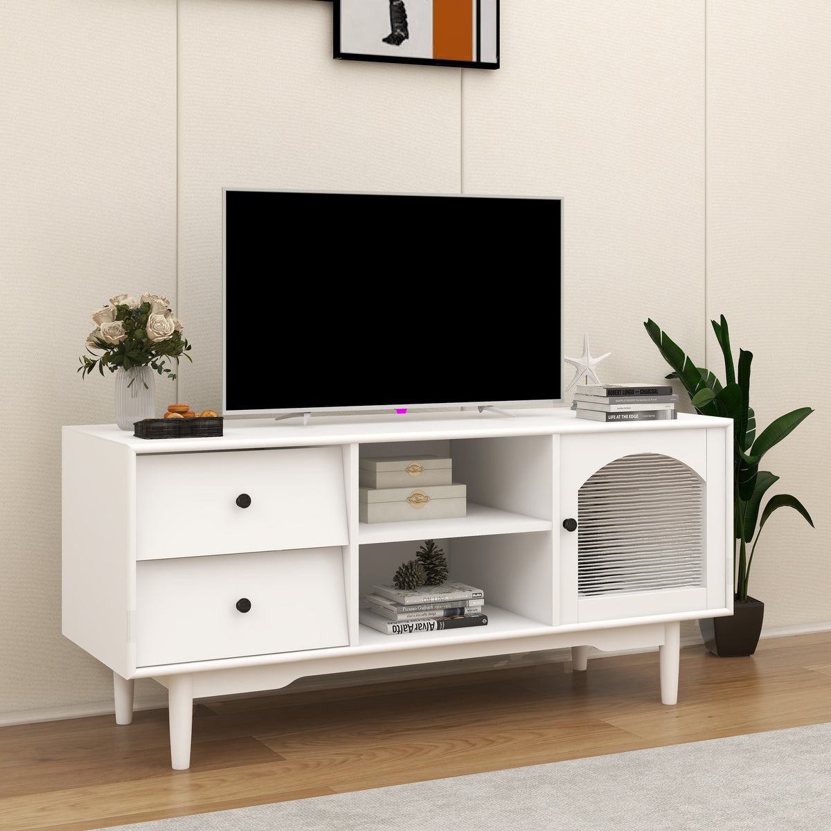 Living Room White TV Stand with Drawers and Open Shelves, A Cabinet with Glass Doors for Storage W28265031-djyc