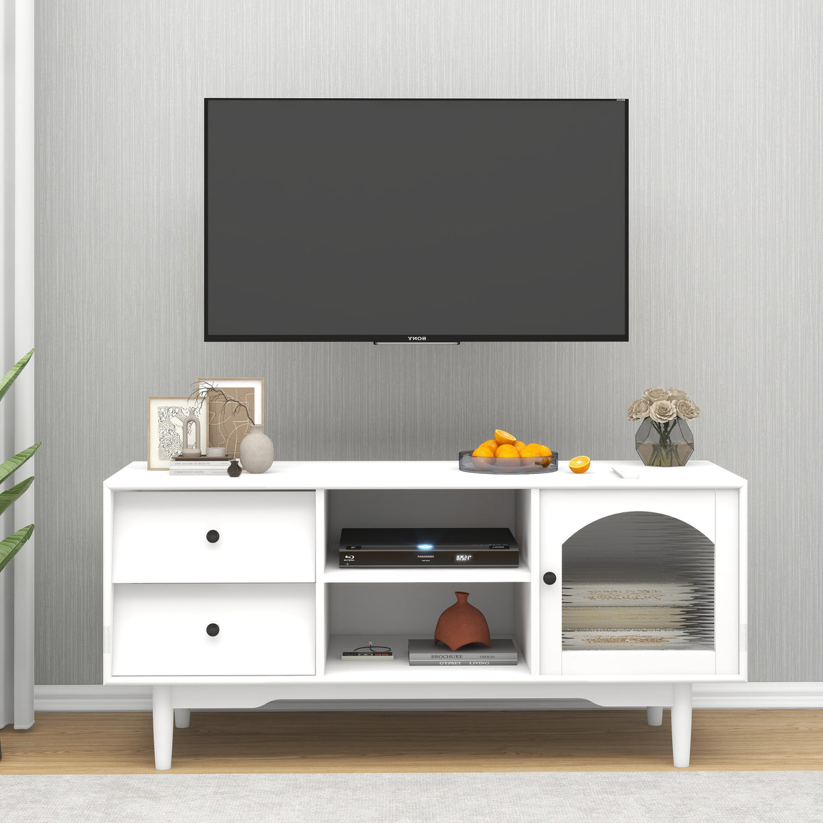 Living Room White TV Stand with Drawers and Open Shelves, A Cabinet with Glass Doors for Storage W28265031-djyc