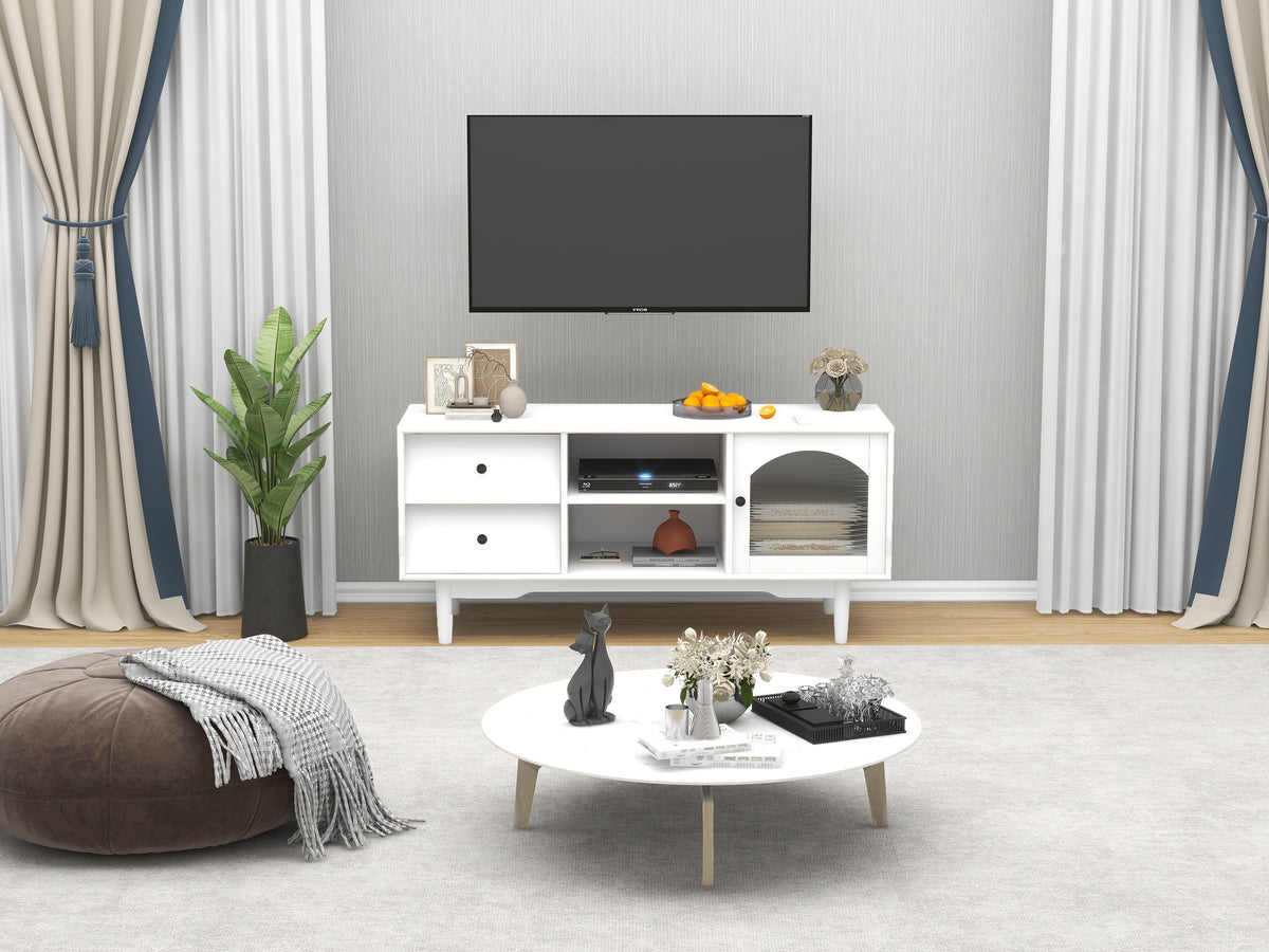 Living Room White TV Stand with Drawers and Open Shelves, A Cabinet with Glass Doors for Storage W28265031-djyc
