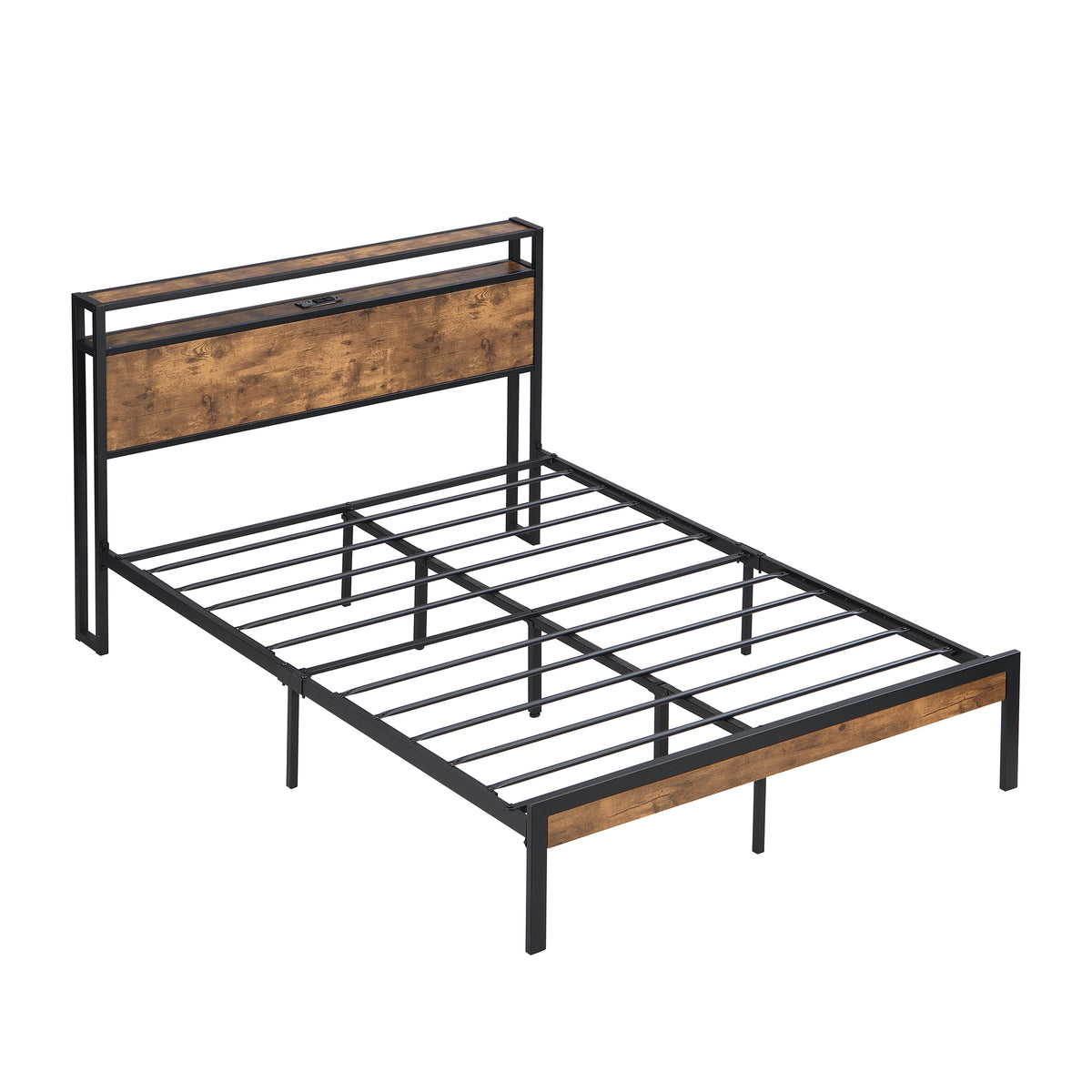 Full Size Metal Platform Bed Frame with Wooden Headboard and Footboard with USB LINER, No Box Spring Needed, Large Under Bed Storage, Easy Assemble W31183489-djyc