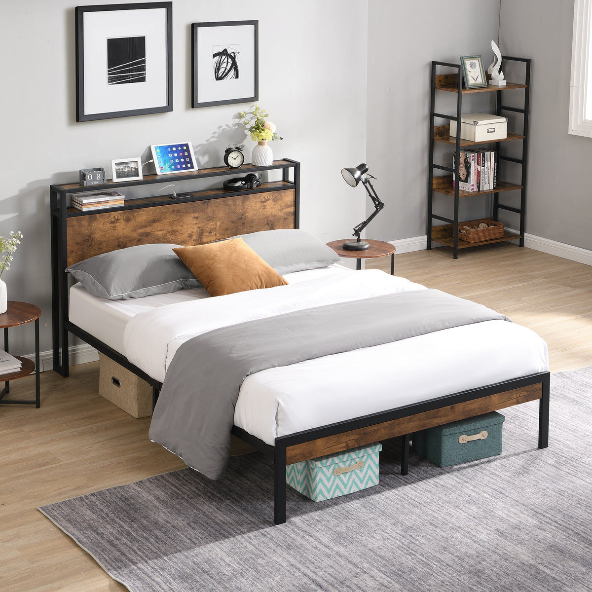 King Size Metal Platform Bed Frame with Wooden Headboard and Footboard with USB LINER, No Box Spring Needed, Large Under Bed Storage, Easy Assemble W311119789-djyc