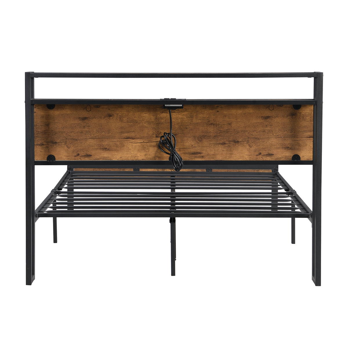 Full Size Metal Platform Bed Frame with Wooden Headboard and Footboard with USB LINER, No Box Spring Needed, Large Under Bed Storage, Easy Assemble W31183489-djyc