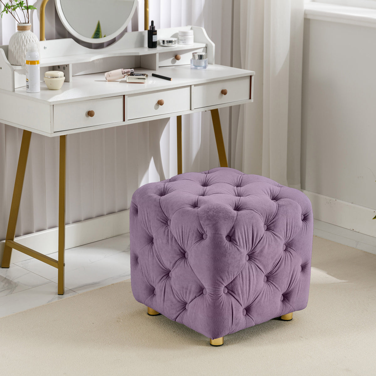 Purple Modern Velvet Upholstered Ottoman, Exquisite Small End Table, Soft Foot Stool,Dressing Makeup Chair, Comfortable Seat for Living Room, Bedroom, Entrance W1170103517-djyc