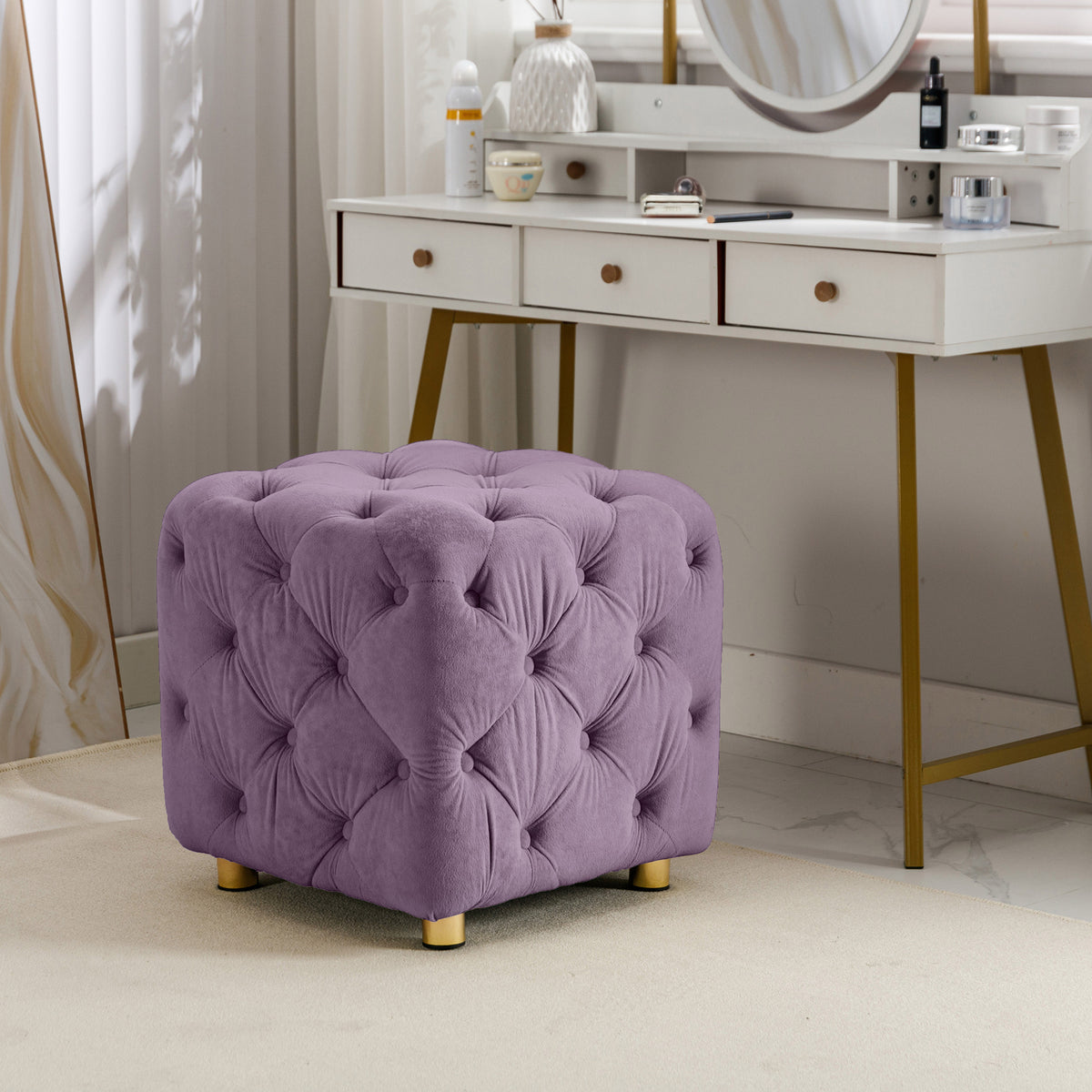Purple Modern Velvet Upholstered Ottoman, Exquisite Small End Table, Soft Foot Stool,Dressing Makeup Chair, Comfortable Seat for Living Room, Bedroom, Entrance W1170103517-djyc