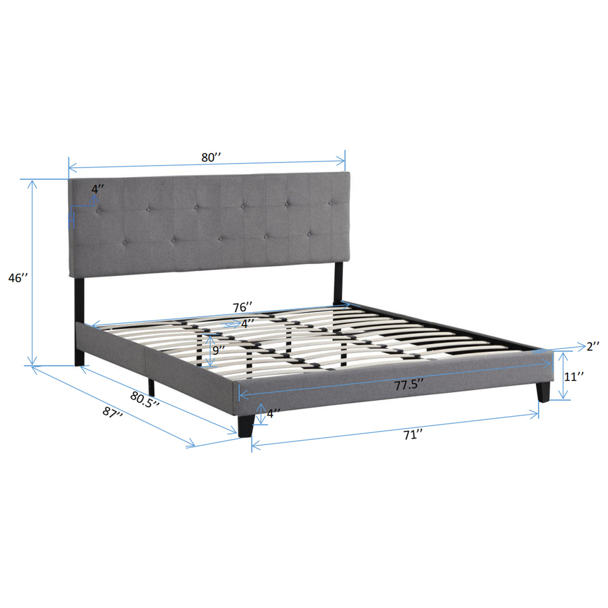 King Size Upholstered Platform Bed Frame with Button Tufted Linen Fabric Headboard, No Box Spring Needed, Wood Slat Support, Easy Assembly,Gray W311107470-djyc
