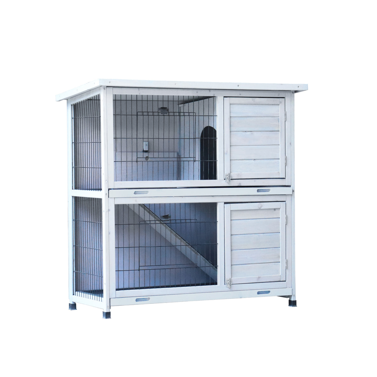 Rabbit Hutch Outdoor, 2-Story Rabbit Cage Indoor with Run, Bunny Cage with 2 Removable No-Leak Trays, Pet Cages with Non-Slip Ramp, Waterproof Roof, Fence, for Small Animals W219106474-djyc