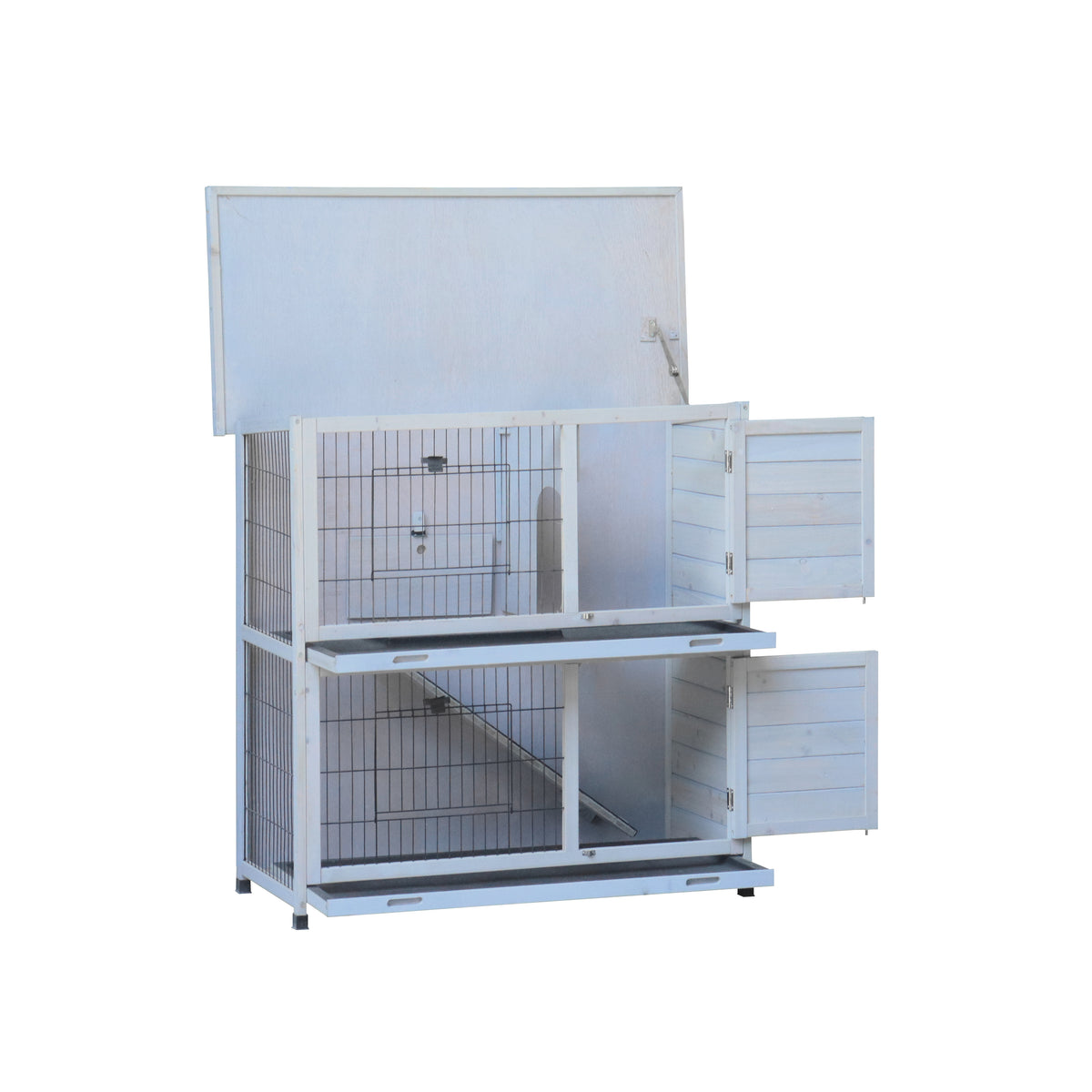 Rabbit Hutch Outdoor, 2-Story Rabbit Cage Indoor with Run, Bunny Cage with 2 Removable No-Leak Trays, Pet Cages with Non-Slip Ramp, Waterproof Roof, Fence, for Small Animals W219106474-djyc