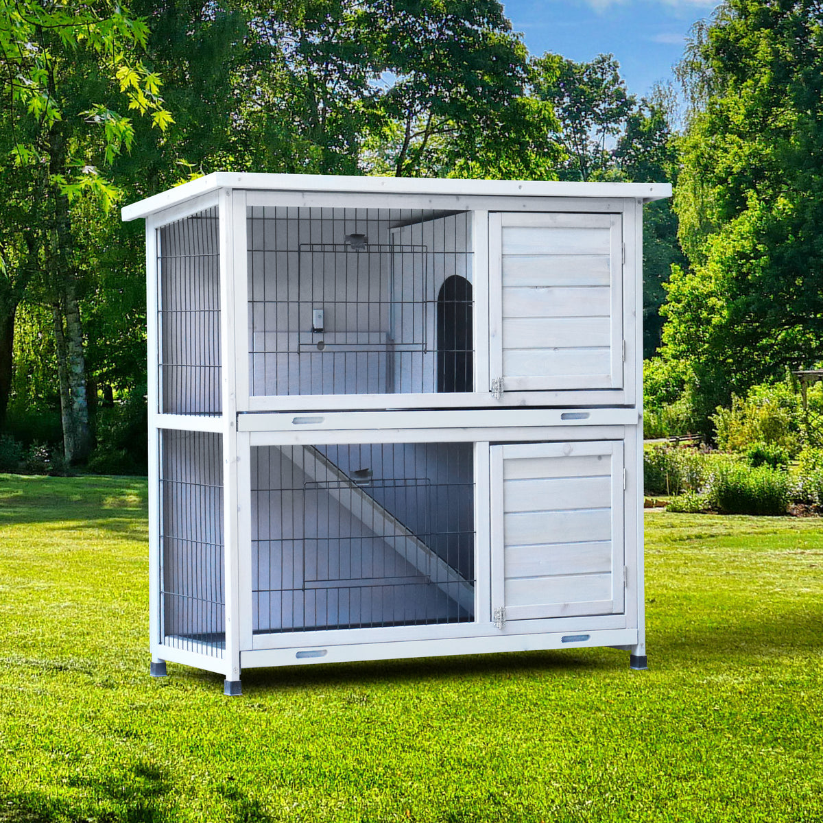 Rabbit Hutch Outdoor, 2-Story Rabbit Cage Indoor with Run, Bunny Cage with 2 Removable No-Leak Trays, Pet Cages with Non-Slip Ramp, Waterproof Roof, Fence, for Small Animals W219106474-djyc