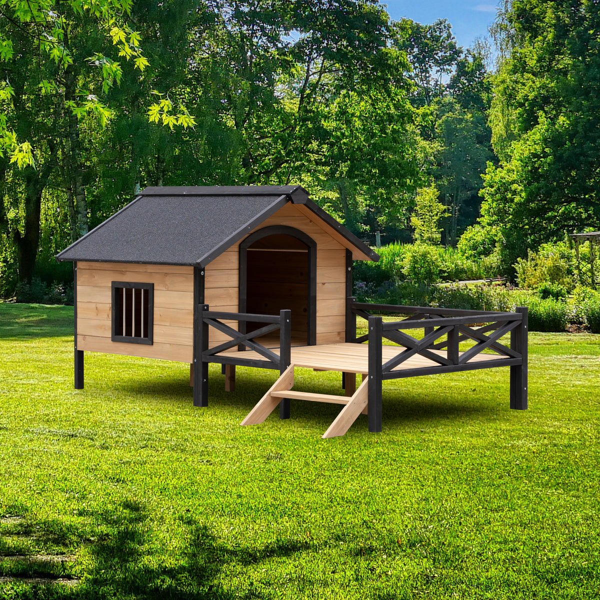 Outdoor Large Wooden Cabin House Style Wooden Dog Kennel with Porch W21951579-djyc