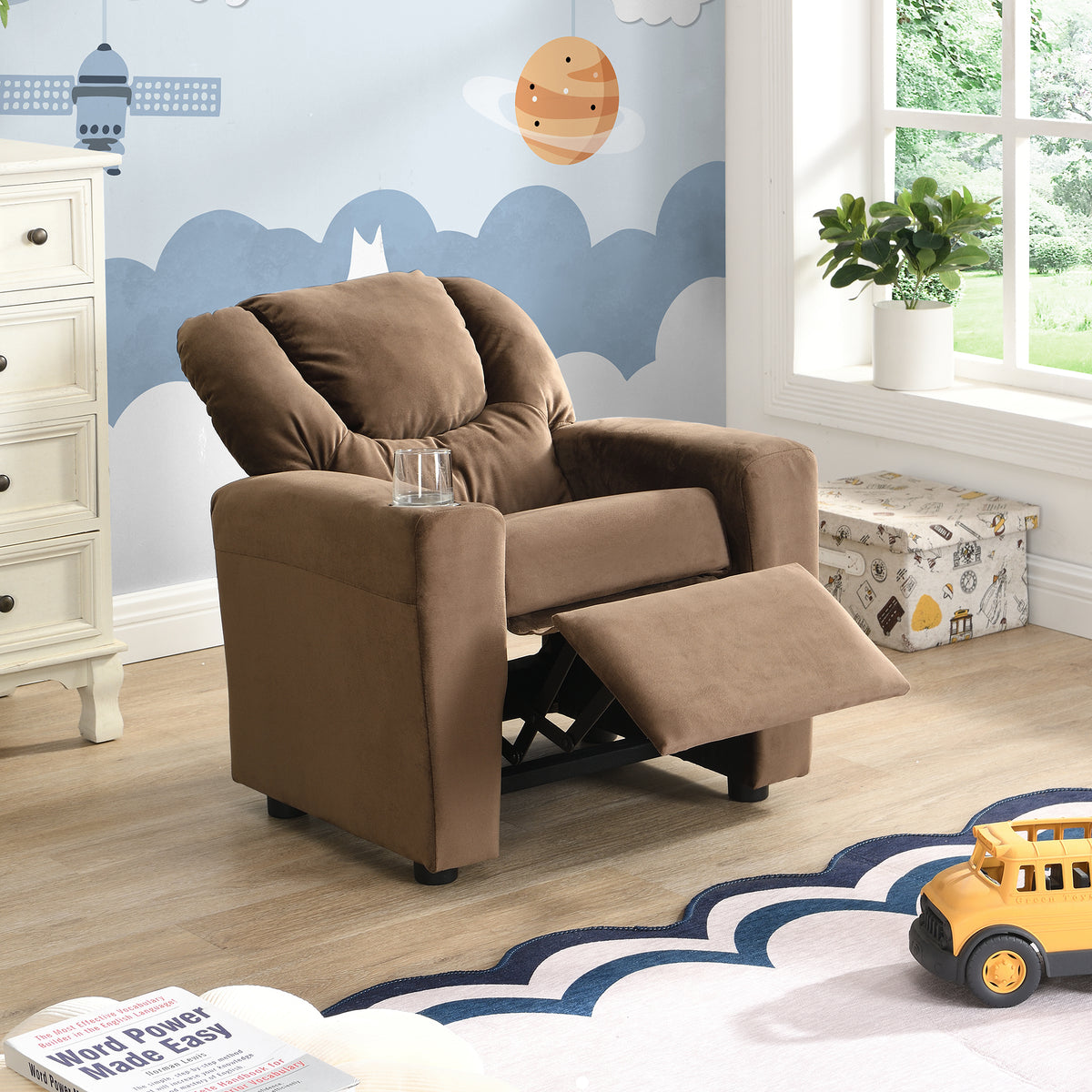 Kids Recliner Chair, Kids Upholstered Couch with One Cup Holder, Footrest, Backrest, Toddlers Velvet Recliner with Headrest and Footrest W214101804-djyc