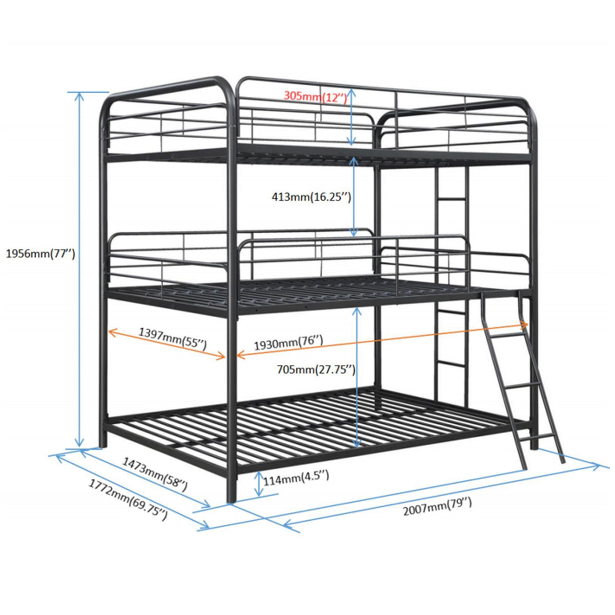 Furniture Triple Bunk Bed, FULL/FULL/FULL, black W311S00038-djyc