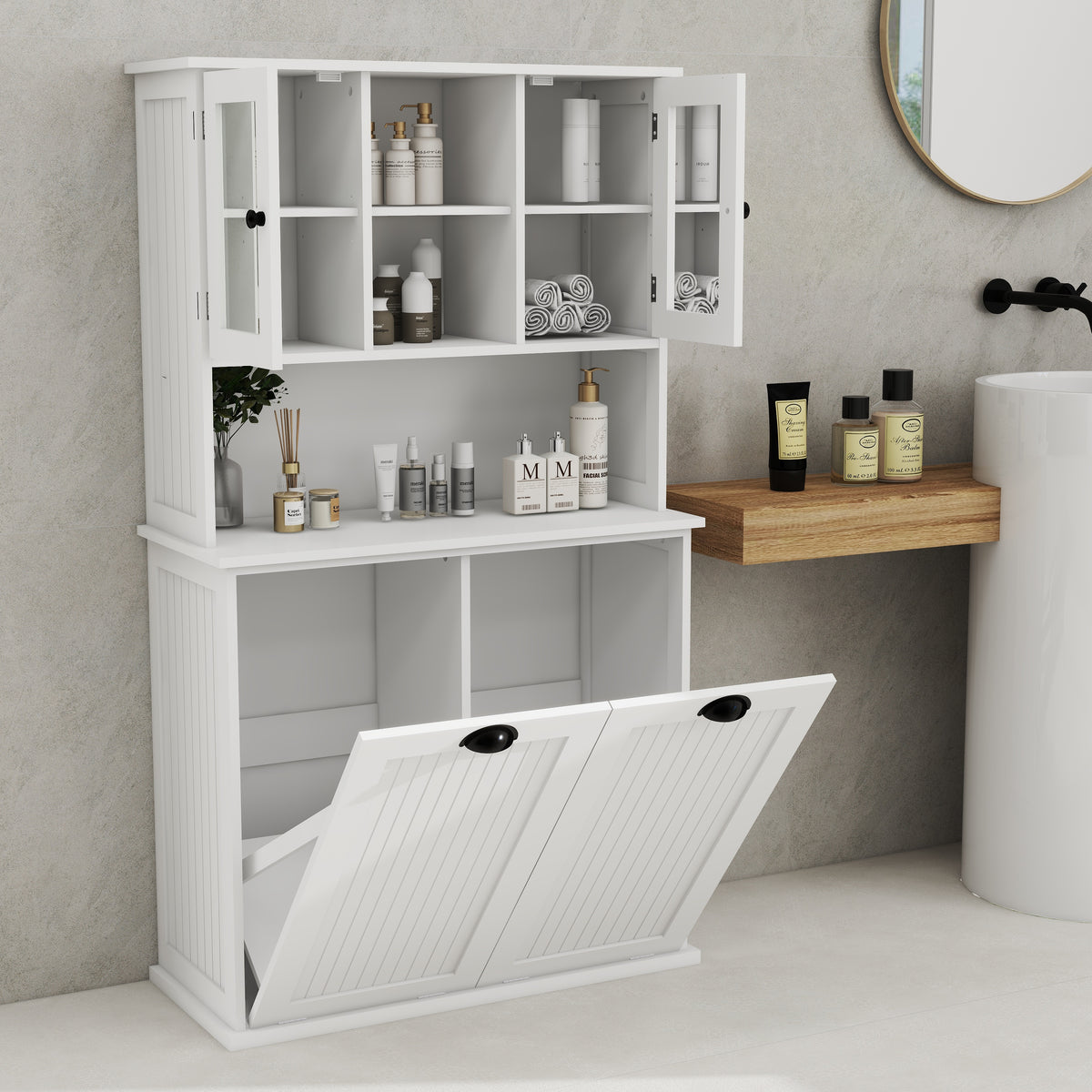 Two-Compartment Tilt-Out Dirty Laundry Basket Tall Bathroom Cabinet with 2 Adjustable Shelves-White W1120S00001-djyc
