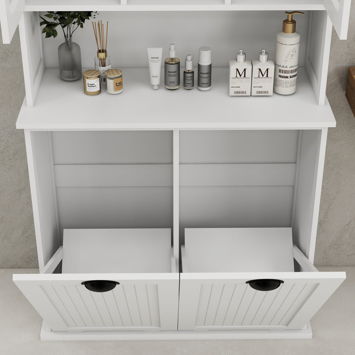 Two-Compartment Tilt-Out Dirty Laundry Basket Tall Bathroom Cabinet with 2 Adjustable Shelves-White W1120S00001-djyc