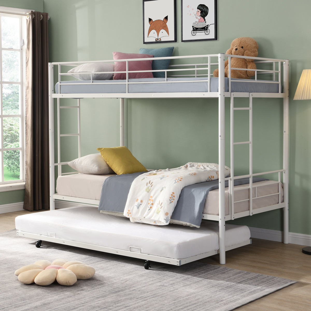 METAL Bunk Bed with trundle WHITE W311P145359-djyc