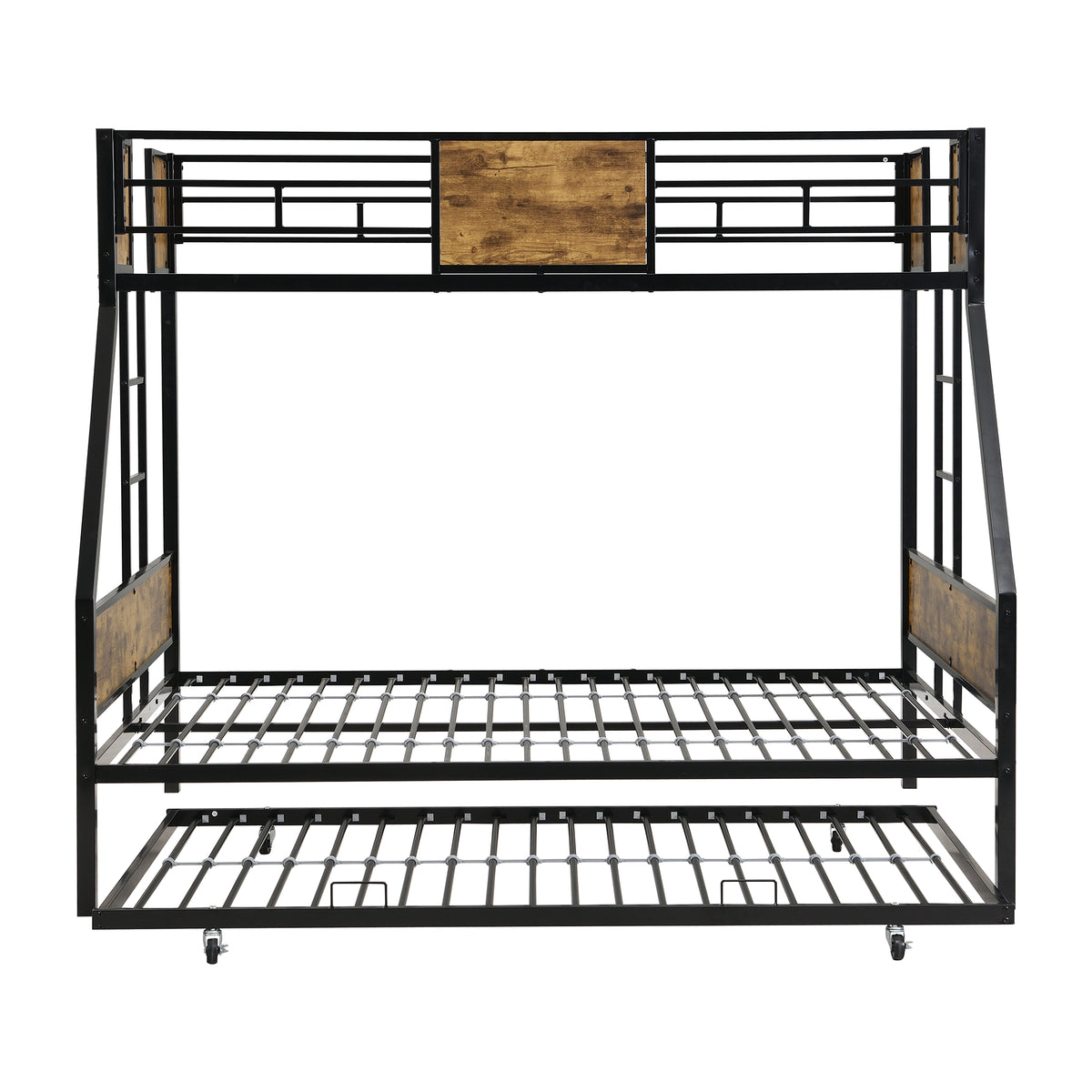 Twin Over FULLMetal Bunk Bedwith Trundle2 - Side Ladder and Full-Length Guardrail, No Box Spring Needed, Large Under Bed Storage, Easy Assemble , Black &Brown W311133419-djyc