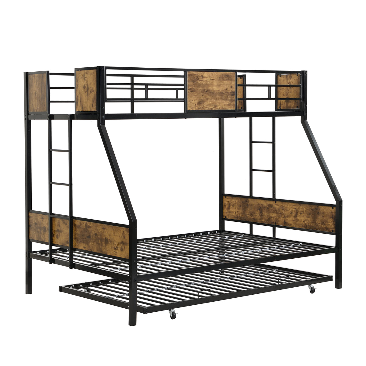 Twin Over FULLMetal Bunk Bedwith Trundle2 - Side Ladder and Full-Length Guardrail, No Box Spring Needed, Large Under Bed Storage, Easy Assemble , Black &Brown W311133419-djyc
