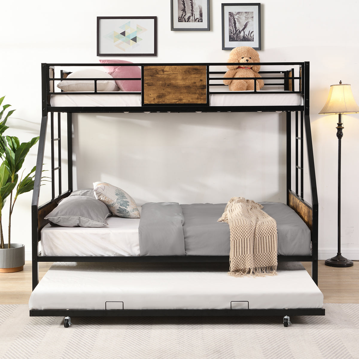 Twin Over FULLMetal Bunk Bedwith Trundle2 - Side Ladder and Full-Length Guardrail, No Box Spring Needed, Large Under Bed Storage, Easy Assemble , Black &Brown W311133419-djyc