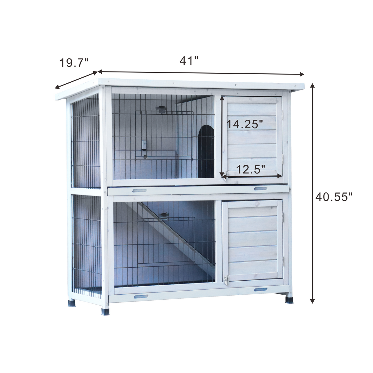 Rabbit Hutch Outdoor, 2-Story Rabbit Cage Indoor with Run, Bunny Cage with 2 Removable No-Leak Trays, Pet Cages with Non-Slip Ramp, Waterproof Roof, Fence, for Small Animals W219106474-djyc