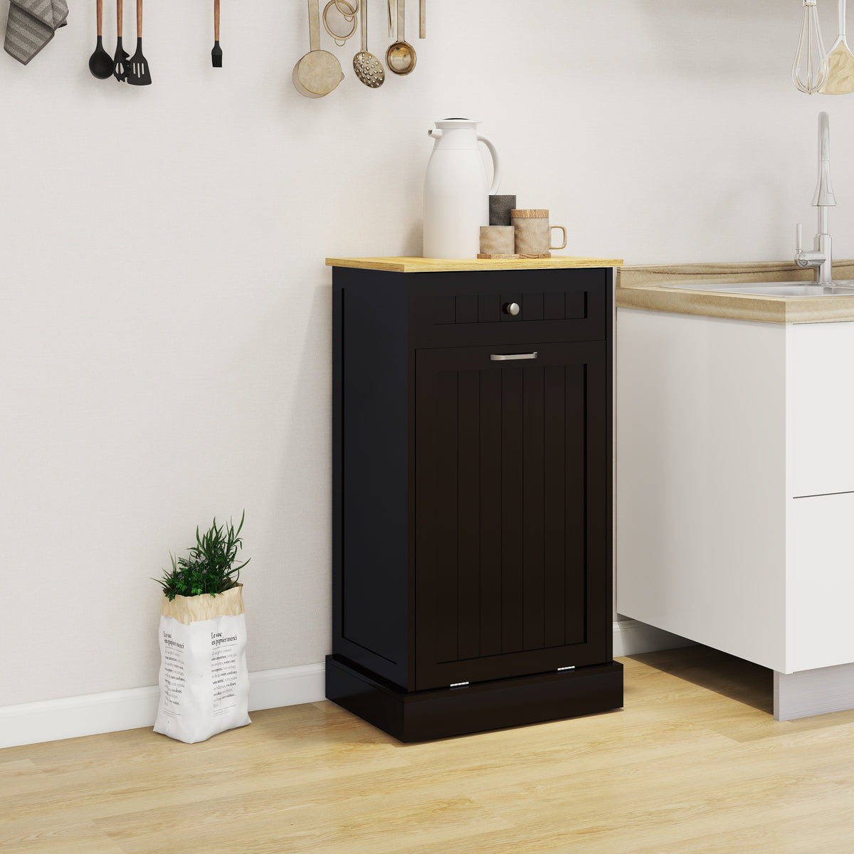 One Drawers and One-Compartment Tilt-Out Trash Cabinet Kitchen Trash Cabinet-Black W1120127325-djyc