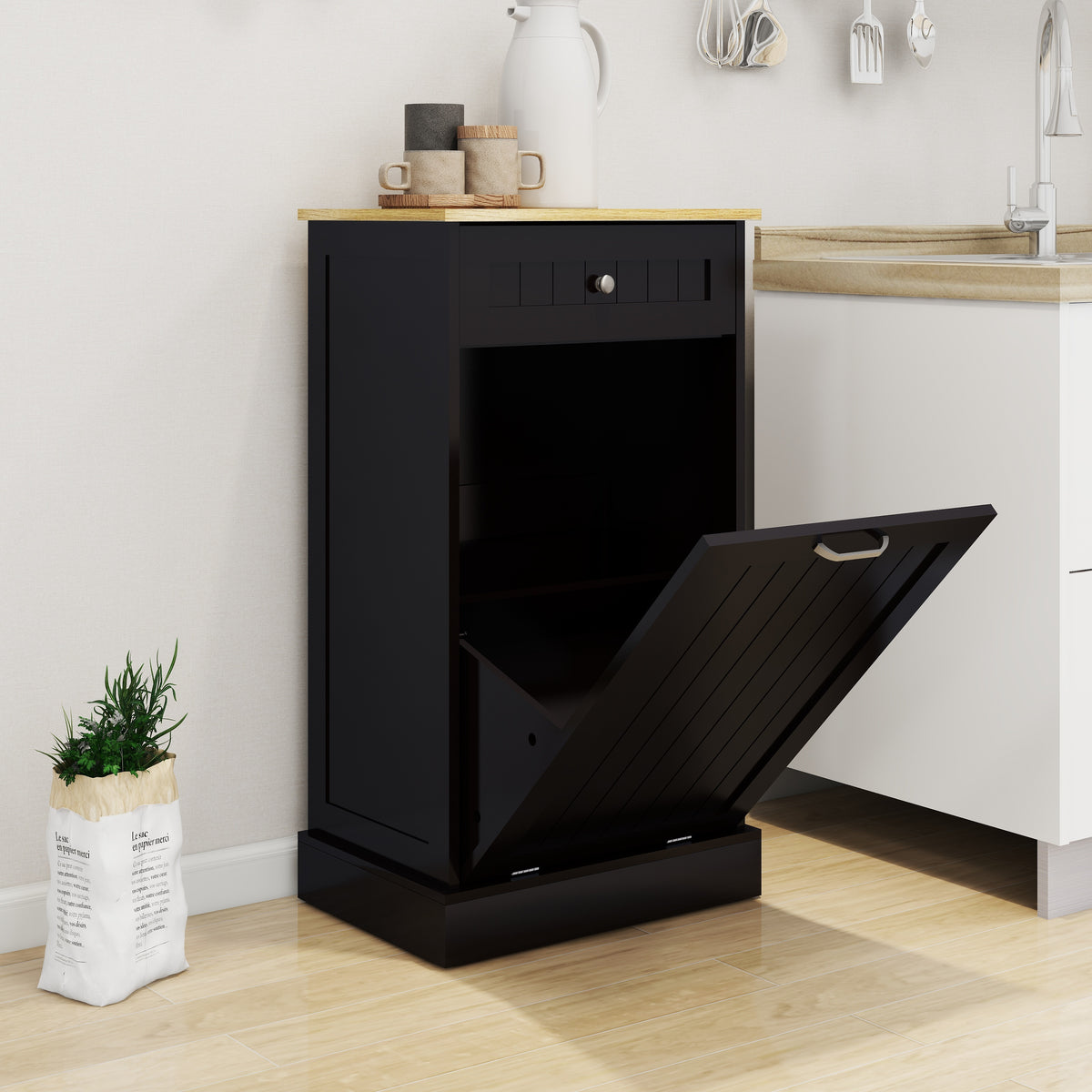 One Drawers and One-Compartment Tilt-Out Trash Cabinet Kitchen Trash Cabinet-Black W1120127325-djyc