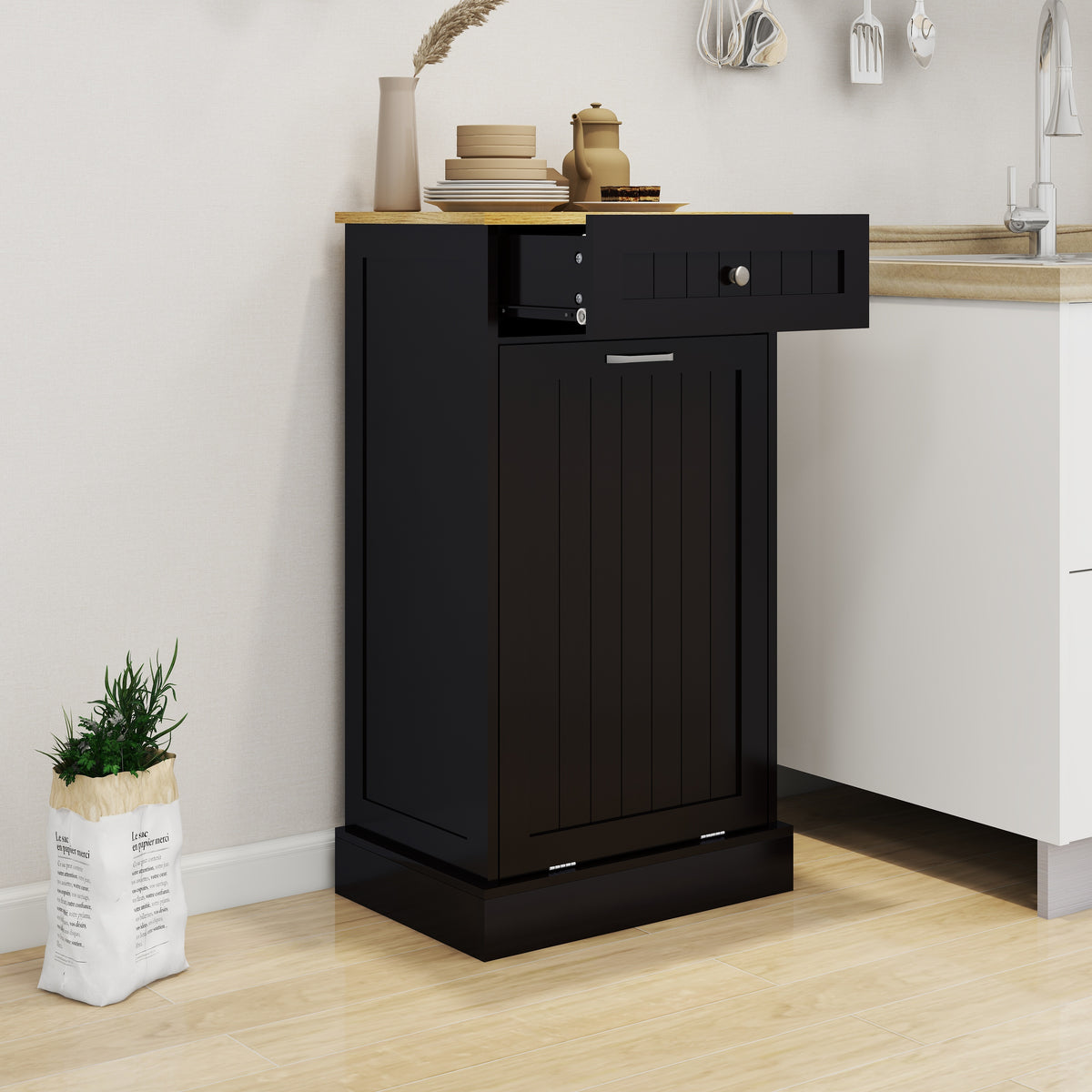 One Drawers and One-Compartment Tilt-Out Trash Cabinet Kitchen Trash Cabinet-Black W1120127325-djyc