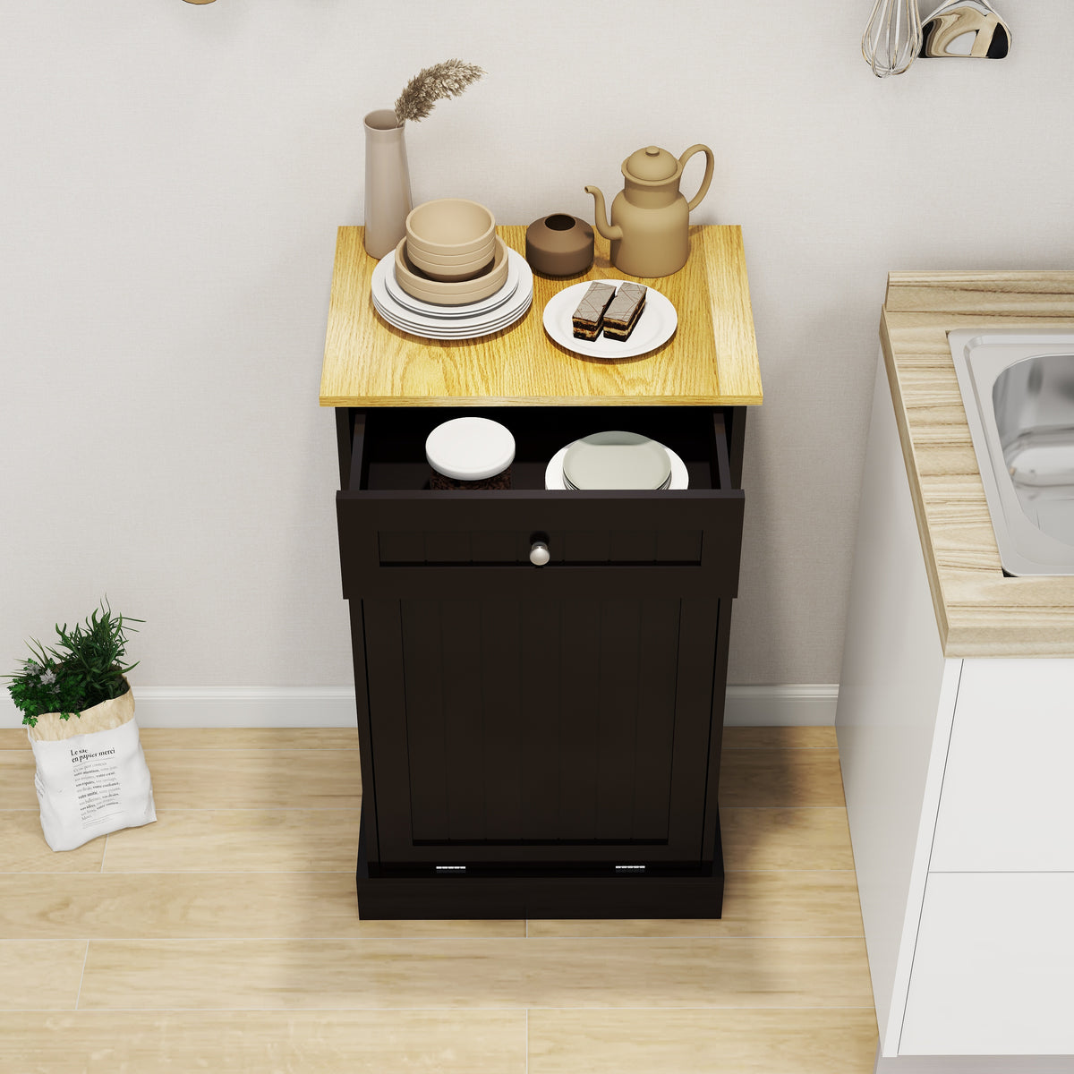 One Drawers and One-Compartment Tilt-Out Trash Cabinet Kitchen Trash Cabinet-Black W1120127325-djyc