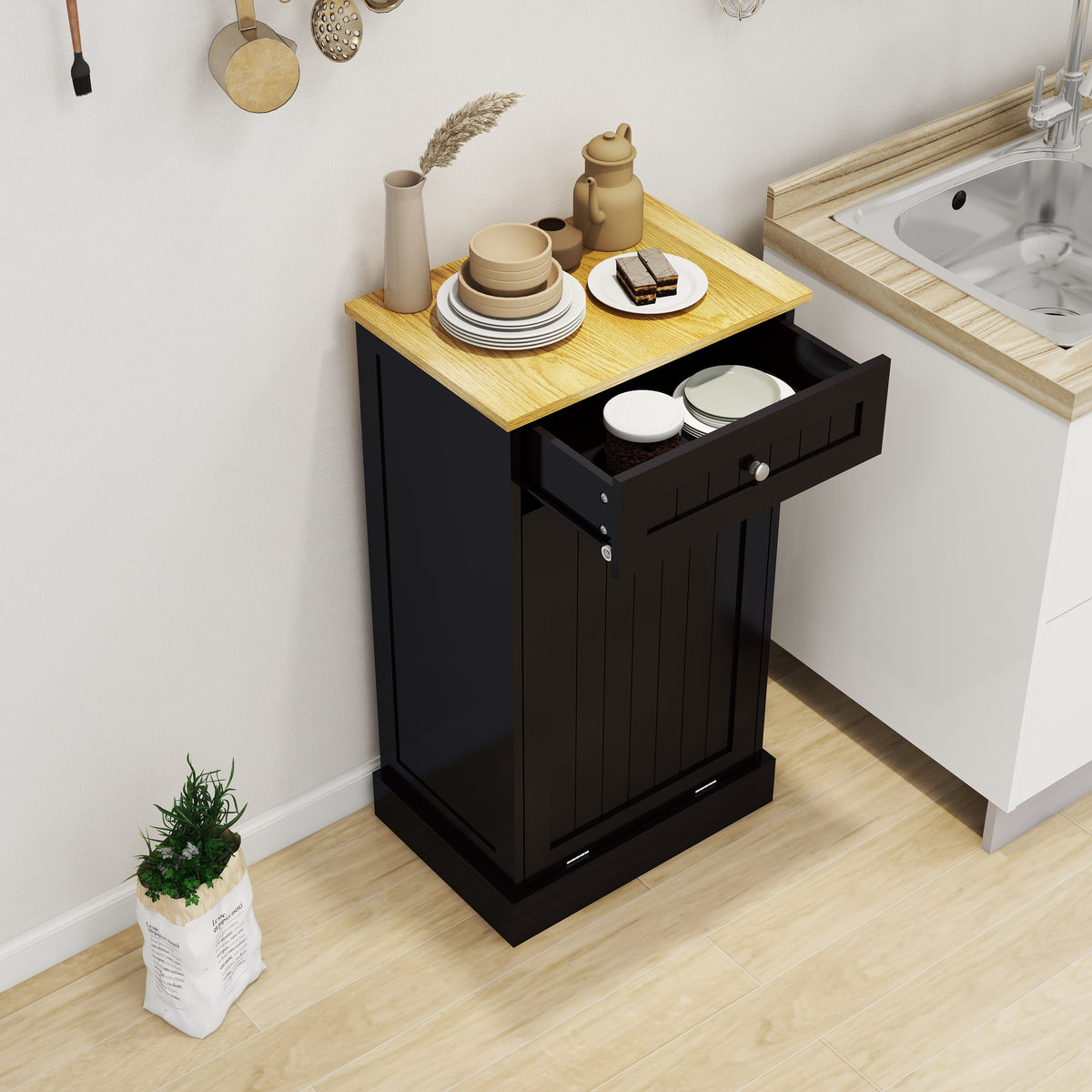 One Drawers and One-Compartment Tilt-Out Trash Cabinet Kitchen Trash Cabinet-Black W1120127325-djyc