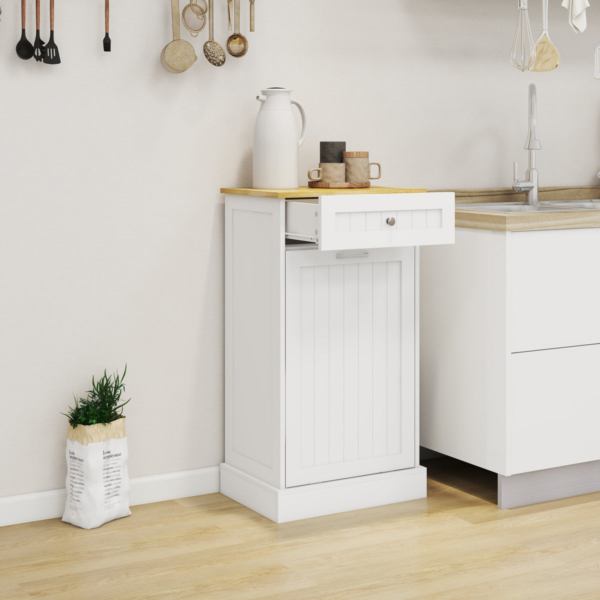 One Drawers and One-Compartment Tilt-Out Trash Cabinet Kitchen Trash Cabinet-White W1120127324-djyc