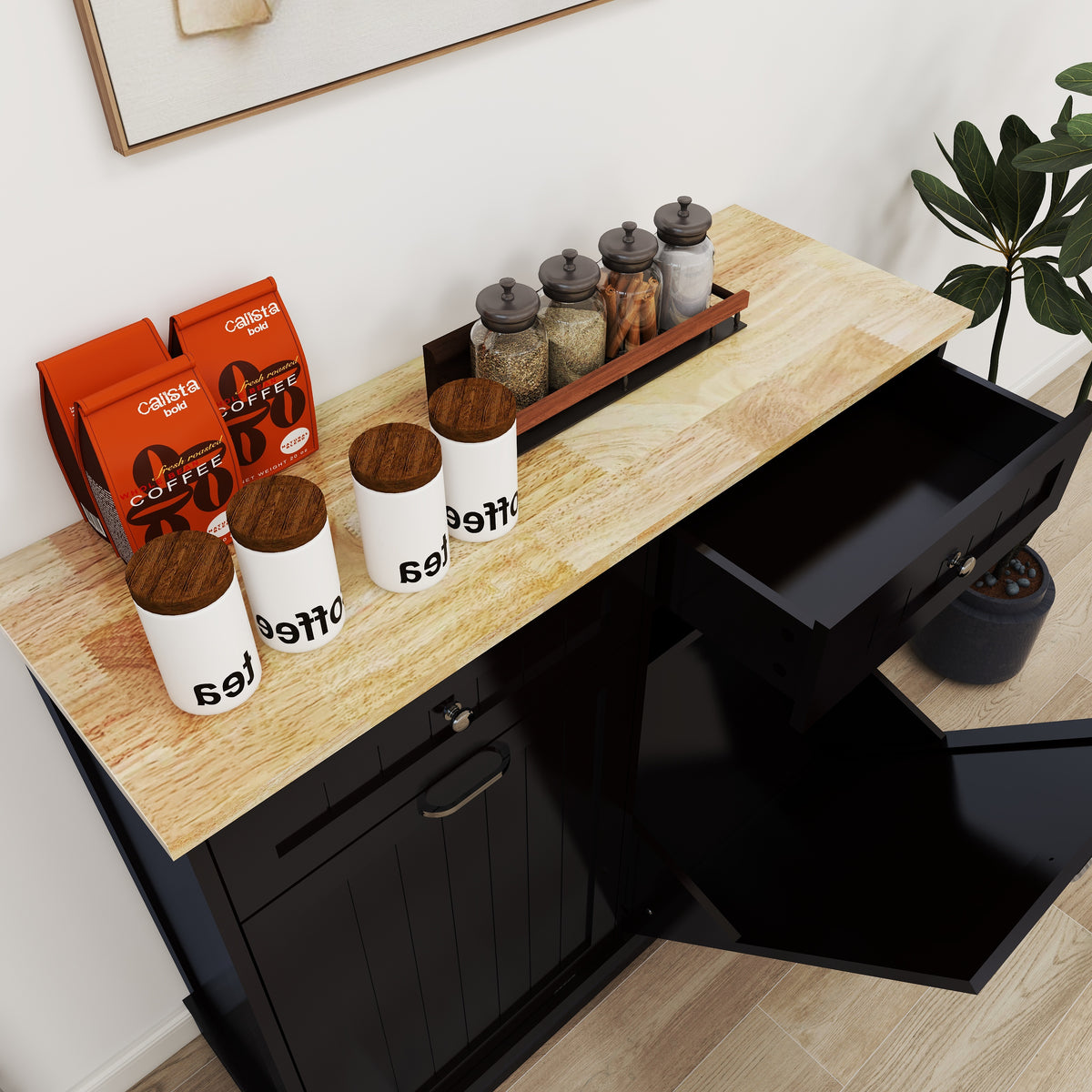 Two Drawers and Two-Compartment Tilt-Out Trash Cabinet Kitchen Trash Cabinet-Black W1120127329-djyc