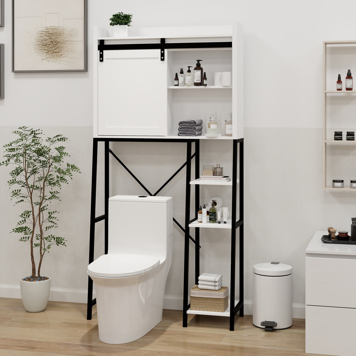 Over The Toilet Storage Cabinet, Bathroom Shelves Over Toilet with Sliding Barn Door,Adjustable Shelves and Side Storage Rack-White W282138090-djyc