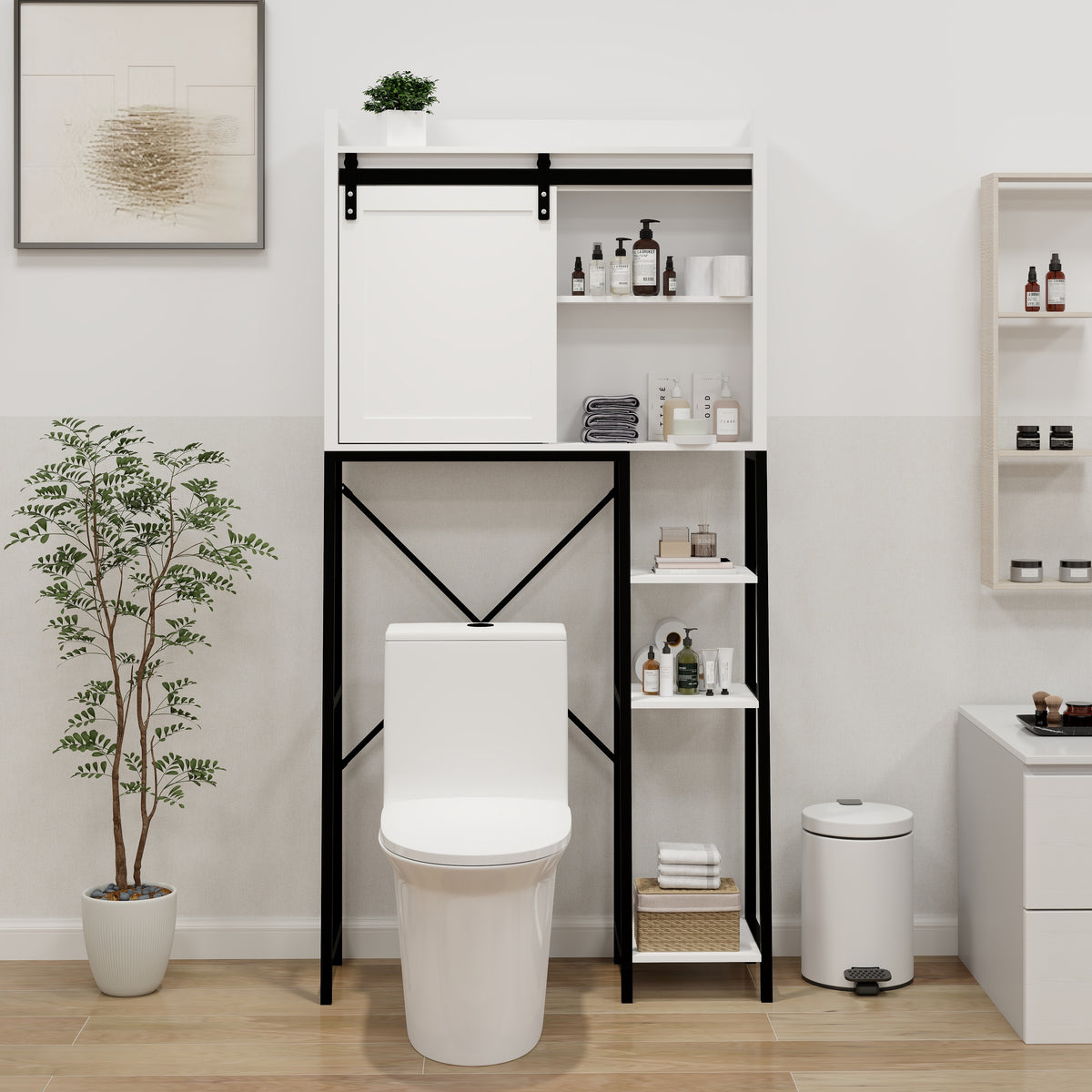 Over The Toilet Storage Cabinet, Bathroom Shelves Over Toilet with Sliding Barn Door,Adjustable Shelves and Side Storage Rack-White W282138090-djyc