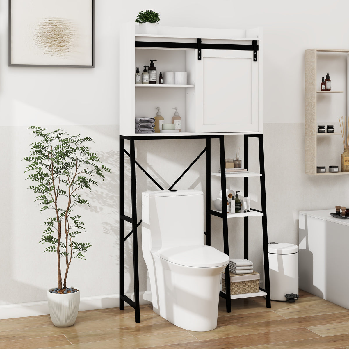 Over The Toilet Storage Cabinet, Bathroom Shelves Over Toilet with Sliding Barn Door,Adjustable Shelves and Side Storage Rack-White W282138090-djyc