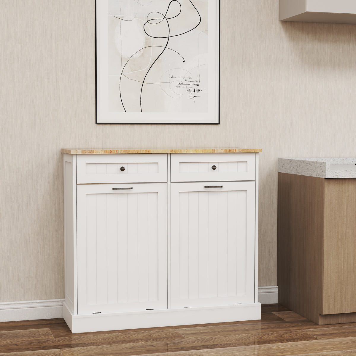 Two Drawers and Two-Compartment Tilt-Out Trash Cabinet Kitchen Trash Cabinet-White W282P160454-djyc