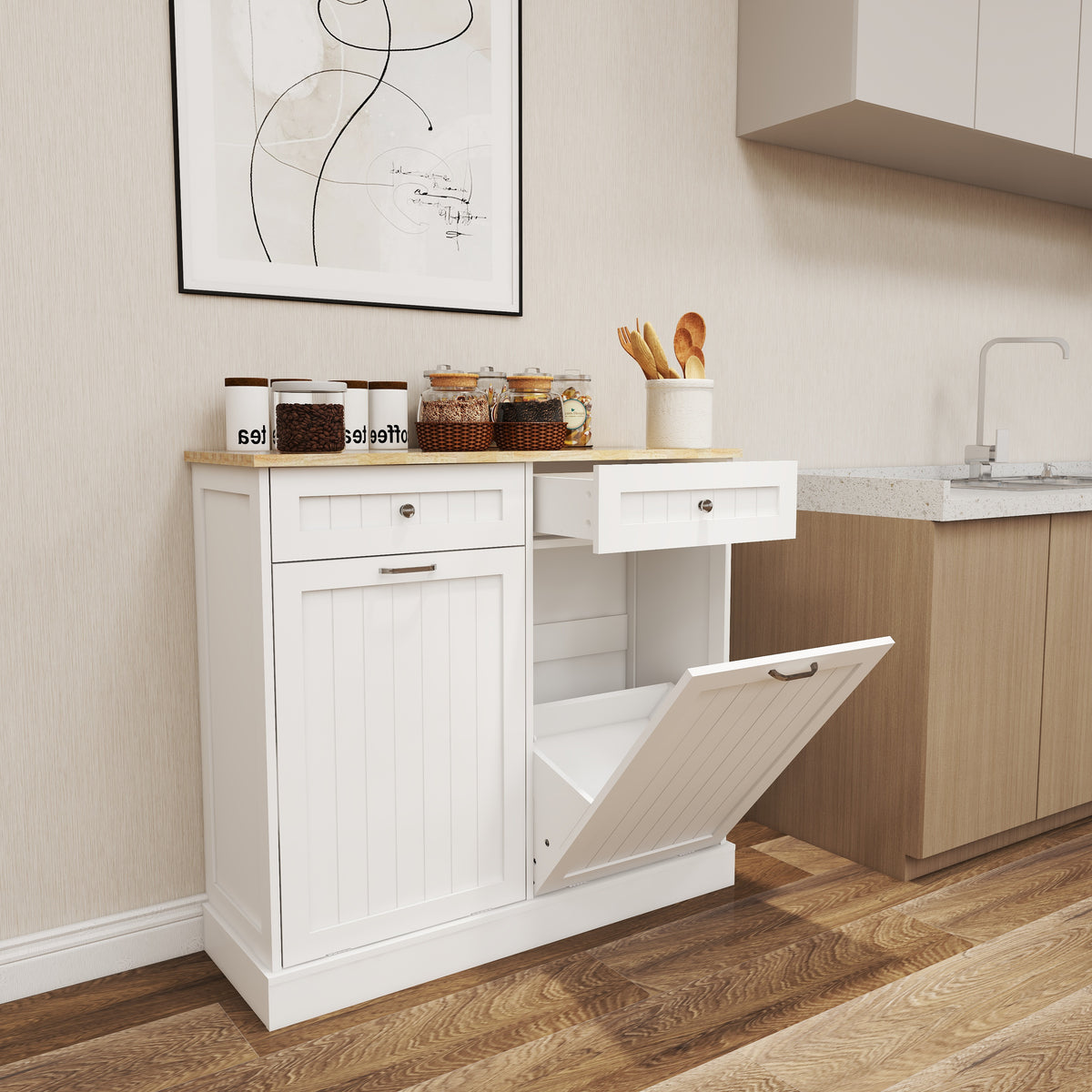 Two Drawers and Two-Compartment Tilt-Out Trash Cabinet Kitchen Trash Cabinet-White W282P160454-djyc