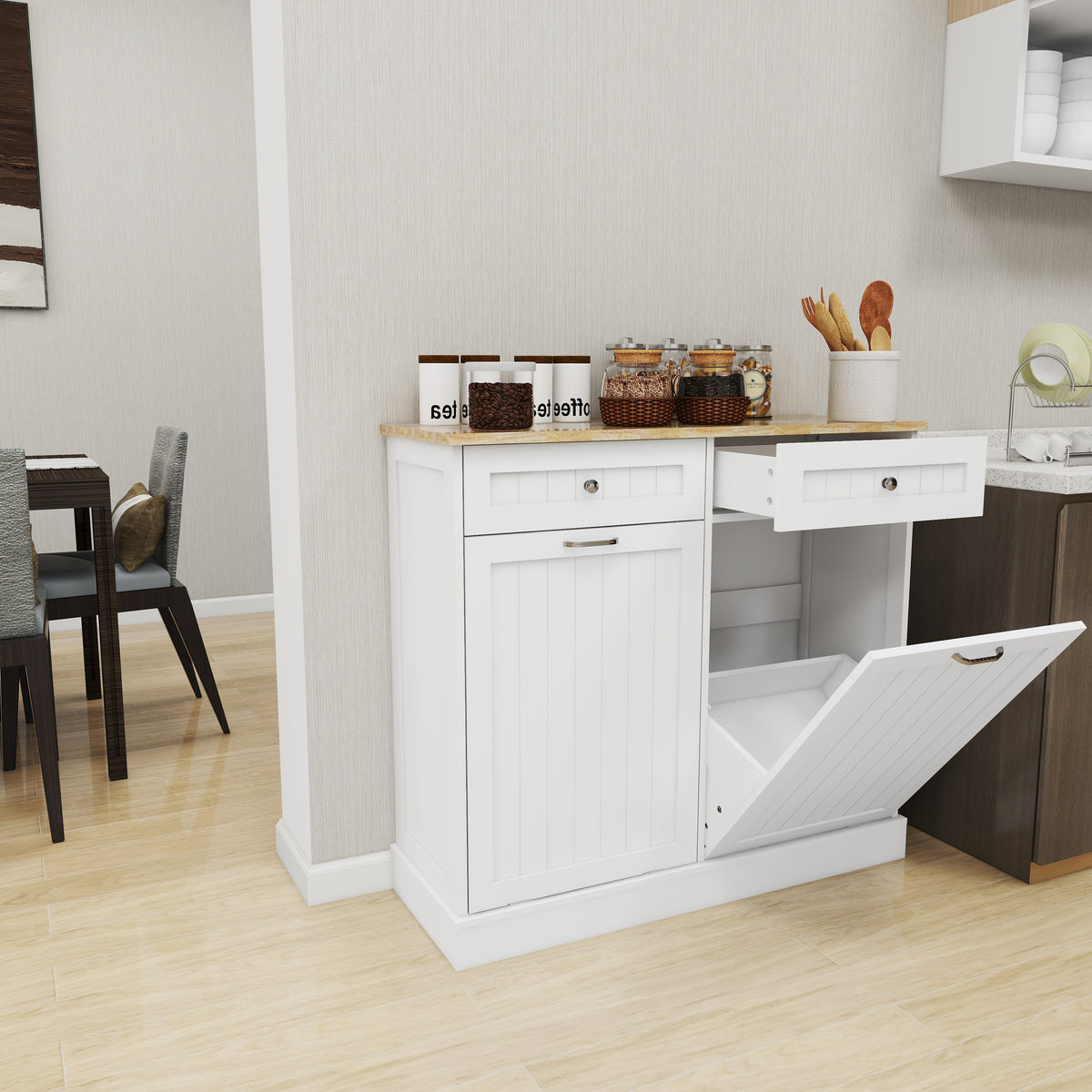 Two Drawers and Two-Compartment Tilt-Out Trash Cabinet Kitchen Trash Cabinet-White W282P160454-djyc