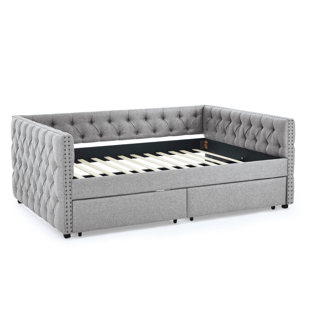 Upholstered Full Size Daybed with Two Drawers, with Button and Copper Nail on Square Arms, Grey (82.75''x58''x30.75'') W487S00218-djyc