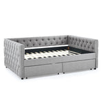 Upholstered Full Size Daybed with Two Drawers, with Button and Copper Nail on Square Arms, Grey (82.75''x58''x30.75'') W487S00218-djyc