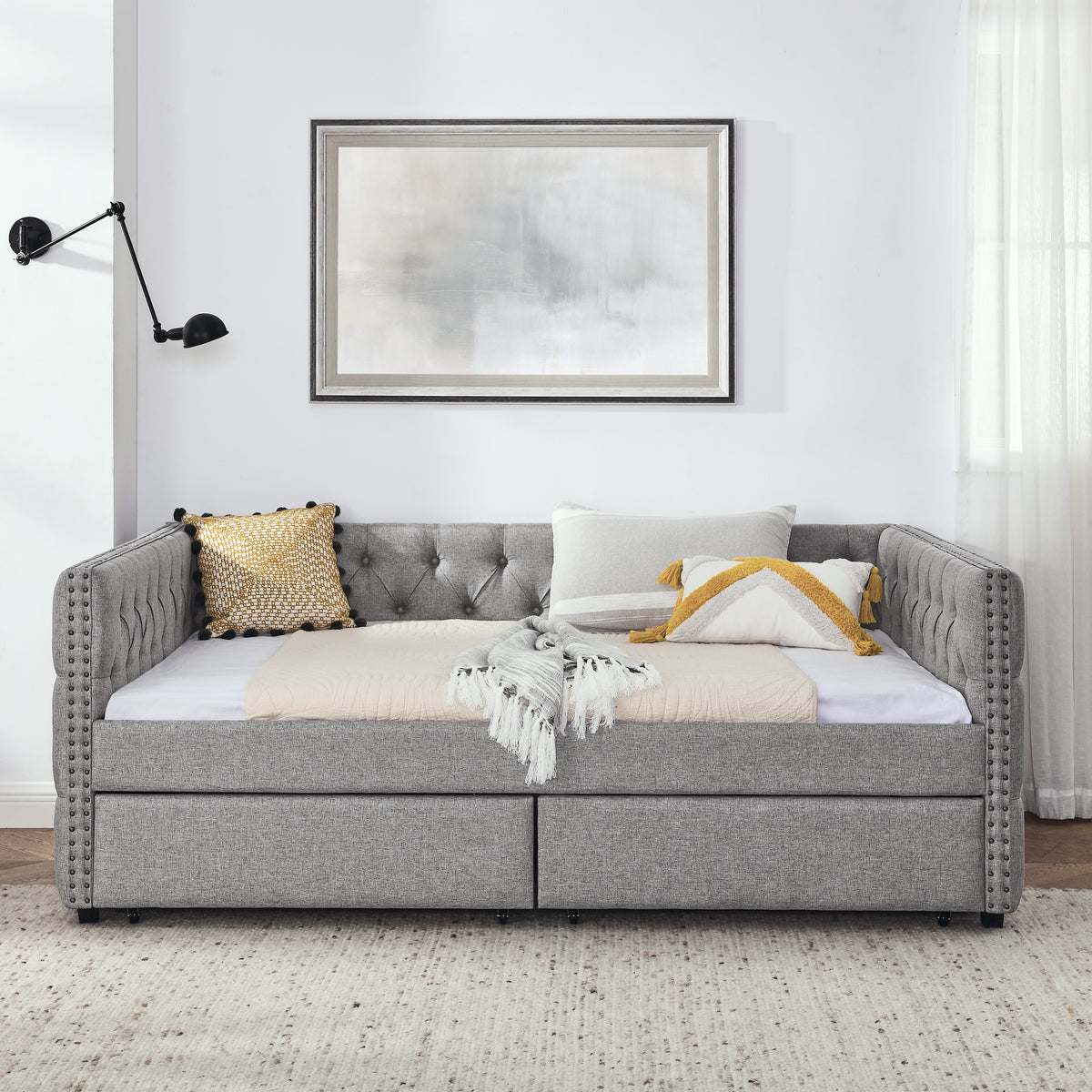 Upholstered Full Size Daybed with Two Drawers, with Button and Copper Nail on Square Arms, Grey (82.75''x58''x30.75'') W487S00218-djyc
