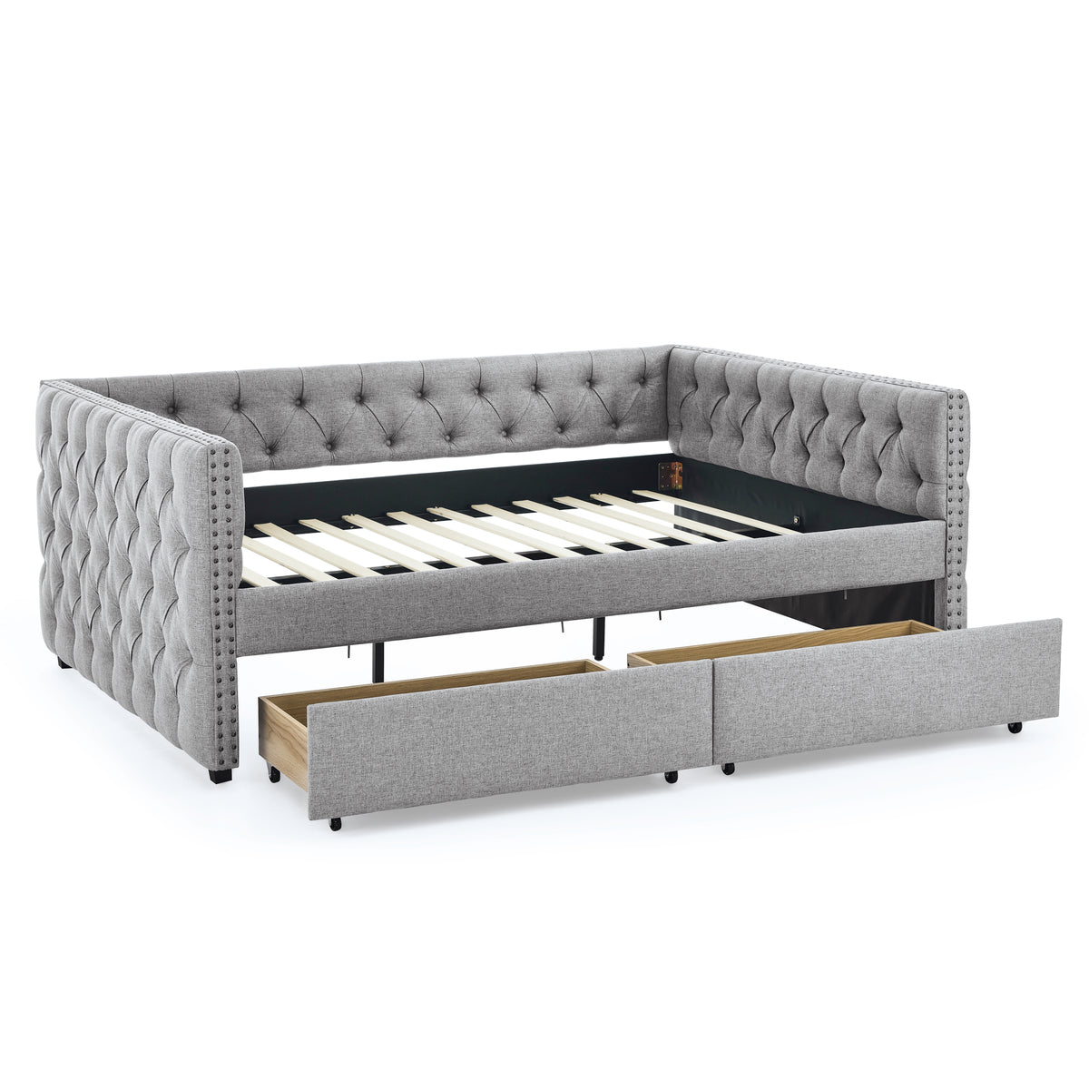 Upholstered Full Size Daybed with Two Drawers, with Button and Copper Nail on Square Arms, Grey (82.75''x58''x30.75'') W487S00218-djyc