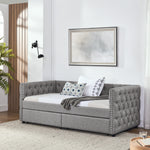 Upholstered Twin Size Daybed with Two Drawers, with Button and Copper Nail on Square Arms, Grey (82.75''x43''x30.75'') W487S00216-djyc