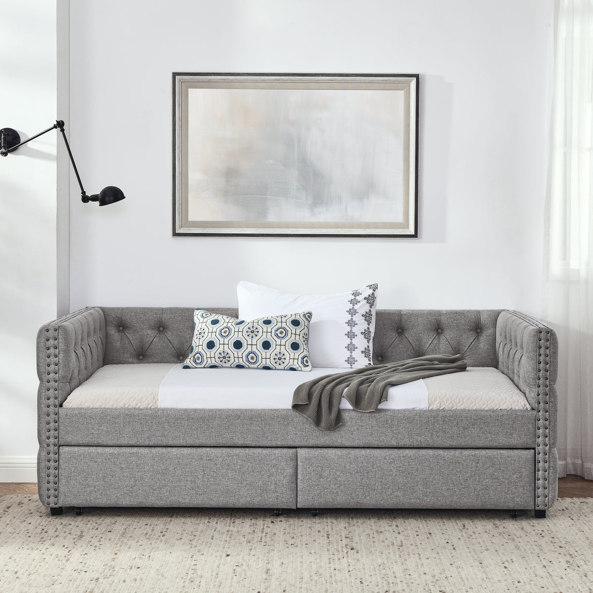 Upholstered Twin Size Daybed with Two Drawers, with Button and Copper Nail on Square Arms, Grey (82.75''x43''x30.75'') W487S00216-djyc
