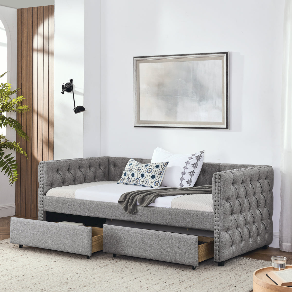 Upholstered Twin Size Daybed with Two Drawers, with Button and Copper Nail on Square Arms, Grey (82.75''x43''x30.75'') W487S00216-djyc