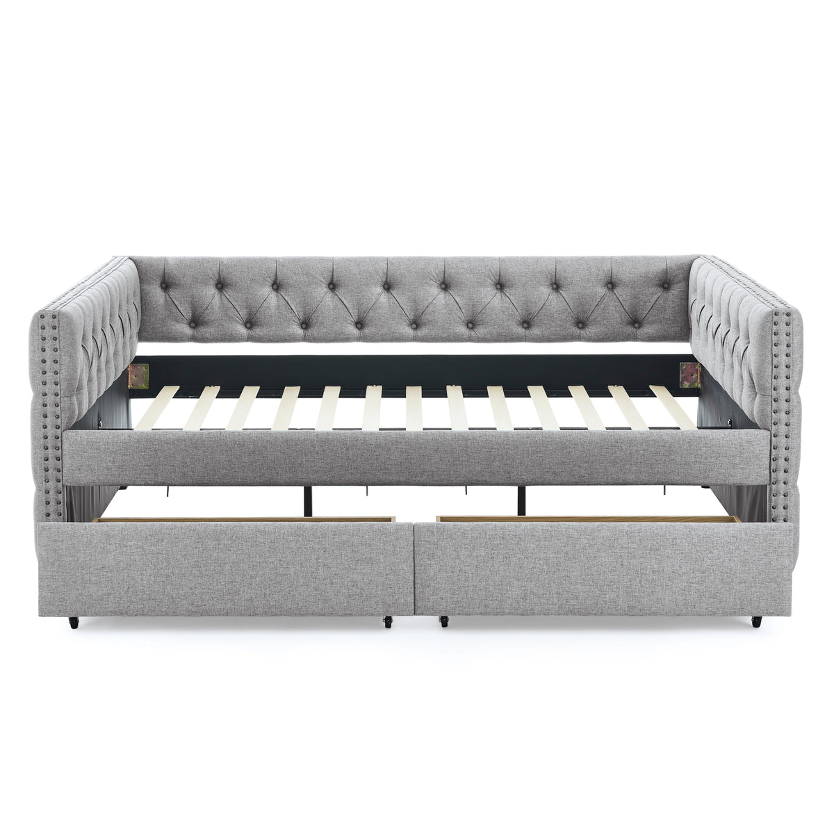 Upholstered Full Size Daybed with Two Drawers, with Button and Copper Nail on Square Arms, Grey (82.75''x58''x30.75'') W487S00218-djyc
