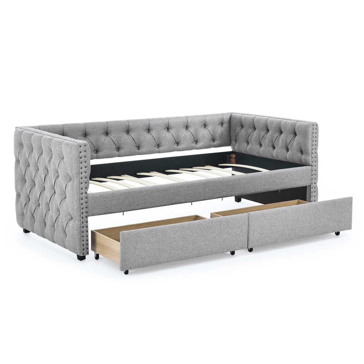 Upholstered Twin Size Daybed with Two Drawers, with Button and Copper Nail on Square Arms, Grey (82.75''x43''x30.75'') W487S00216-djyc