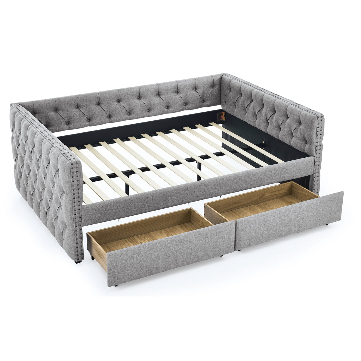 Upholstered Full Size Daybed with Two Drawers, with Button and Copper Nail on Square Arms, Grey (82.75''x58''x30.75'') W487S00218-djyc
